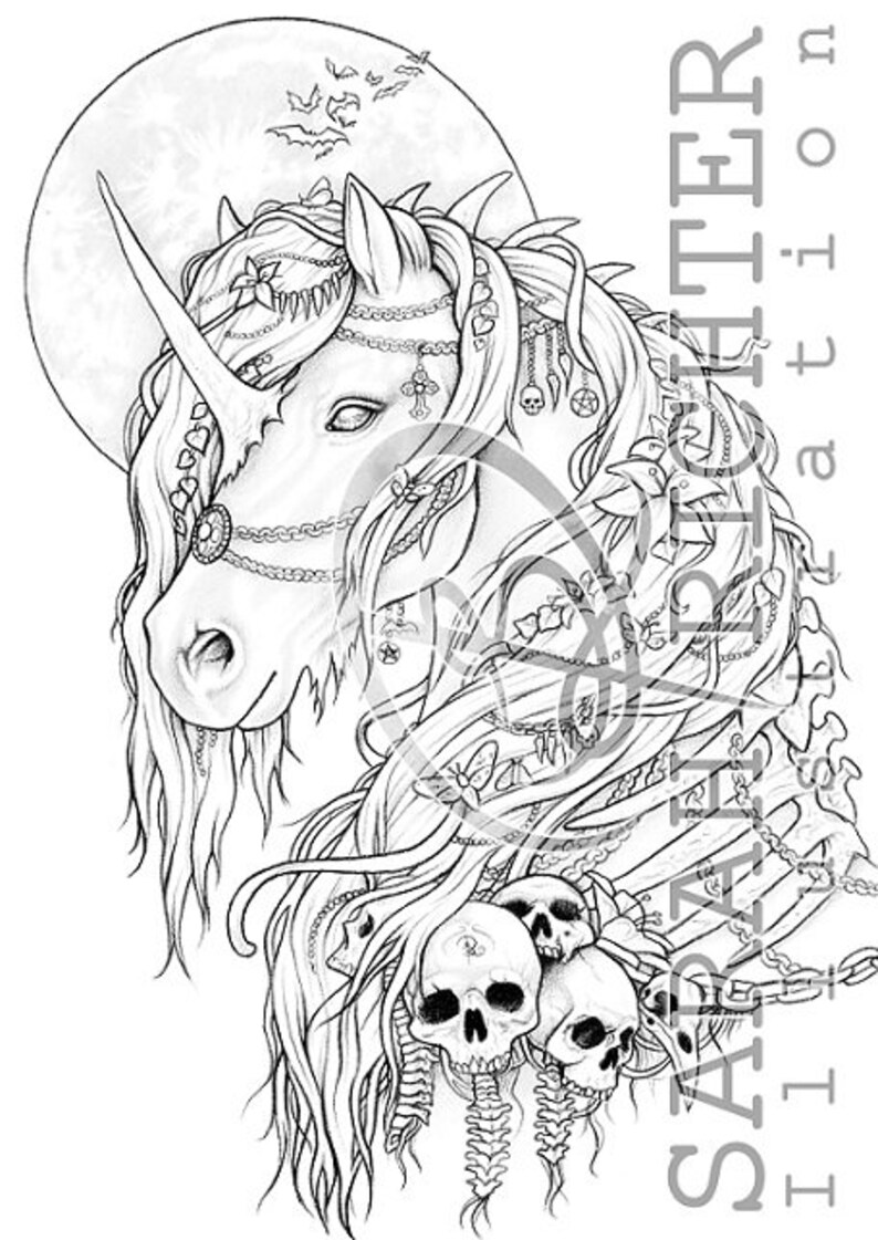 dark unicorn 1 greyscale line art coloring page pack