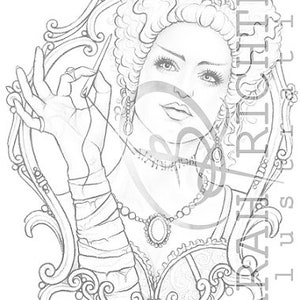 May include: A black and white line drawing of a woman with a large, elaborate hairstyle, wearing a necklace and a decorative bodice. She is holding a needle and thread in her hand, and the image is framed by a decorative border.