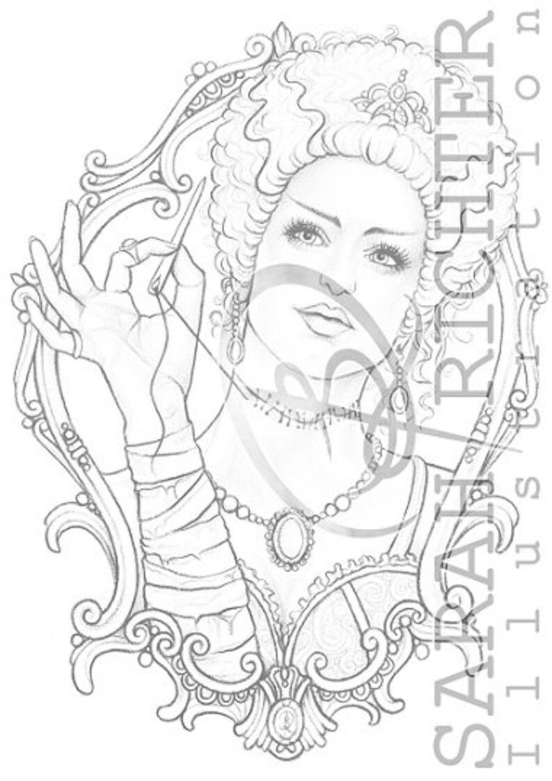 May include: A black and white line drawing of a woman with a large, elaborate hairstyle, wearing a necklace and a decorative bodice. She is holding a needle and thread in her hand, and the image is framed by a decorative border.