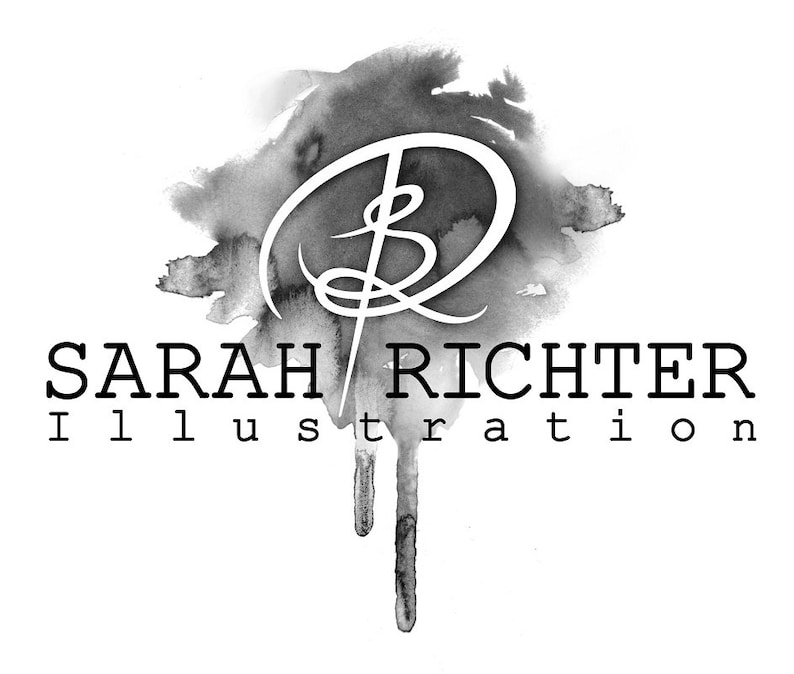 May include: Black and white logo with the text "SARAH RICHTER Illustration" and a stylized letter "R" with a flourish.