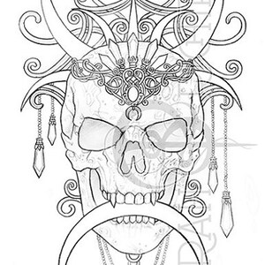 May include: A detailed line drawing of a skull with horns, a crown, and intricate details. The skull is adorned with chains and crescent moons. The drawing is in black and white.