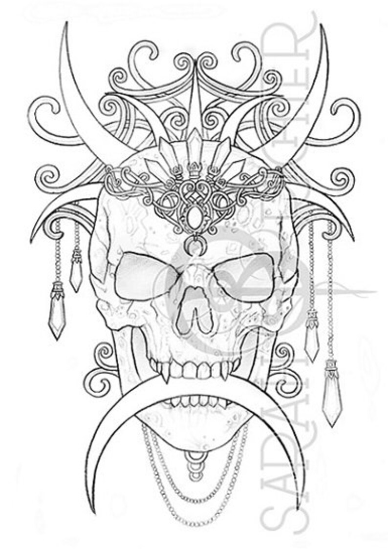 May include: A detailed line drawing of a skull with horns, a crown, and intricate details. The skull is adorned with chains and crescent moons. The drawing is in black and white.