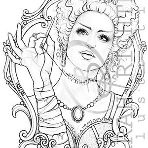 May include: A black and white line drawing of a woman with a large, elaborate hairstyle, wearing a decorative necklace and a low-cut bodice. She is holding a needle and thread in her hand, and her expression is serious.