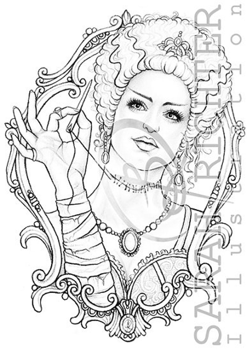 May include: A black and white line drawing of a woman with a large, elaborate hairstyle, wearing a decorative necklace and a low-cut bodice. She is holding a needle and thread in her hand, and her expression is serious.