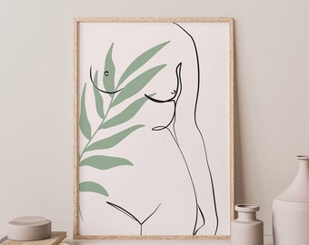 Woman Figure with Green Leaves Line Art Print, Printable Wall Art, Female Body Line Drawing, Minimalist Poster, Boho Decor, Mid Century