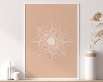 Sun Wall Art Print, halverwege de eeuw modern, boho decor, abstracte zonnestralen afdrukbare kunst, Sunburst neutrale kleuren, minimalistische Pink Sun-poster