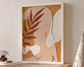Abstract Body Line Art Print, Female Nude Line Drawing, Burnt Orange Woman, Printable line art, Boho Decor, Minimalist Poster, Female Figure