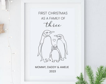 Personalized First Christmas as a Family of Three Print, New Baby Christmas Printable Penguin, New Parents, Mommy and Daddy Print