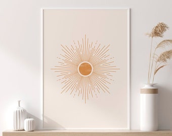 Orange Sun Wall Art Print, Mid Century Modern, Boho Decor, Abstract Sun Rays Printable Art, Sunburst Neutral Colors, Minimalist Sun Poster