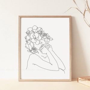 Impression d&#39;art tête de fleurs, dessin au trait femme avec des fleurs, dessin au trait minimaliste, impression d&#39;art mural moderne, trait simple, affiche de mode