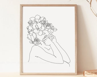 Head Of Flowers Line Art Print, Woman With Flowers Line Drawing, Minimalist Line Art, Modern Wall Art Prints, Single Line, Fashion Poster