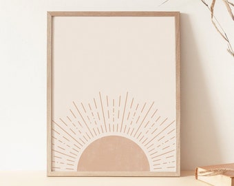 Sun Wall Art Print, Mid Century Modern, Boho Decor, Abstract Sun Rays Printable Art, Sunburst Neutral Colors, Horizon Sun Minimalist Poster