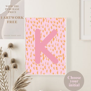Impresión personalizada de arte de letras, póster inicial personalizado, arte de pared naranja rosa, impresión tipográfica, carta personalizada, impresión de arte de guepardo, decoración del hogar