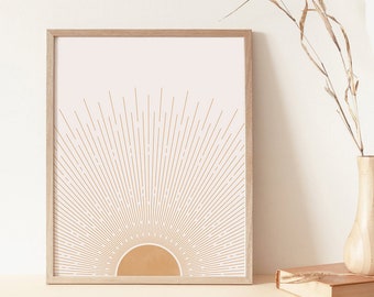 Mid Century Modern Printable Art, Abstract Sun Rays Art Print, Boho Decor, Sunburst Neutral Colors Wall Art, Horizon Sun Minimalist Poster