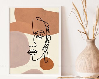 抽象的な女性の顔の線画、印刷可能な壁掛けアート、焦げ茶色のチークプリント、ボヘミアン風装飾、一本線画、ミニマリスト線画、女性のアート