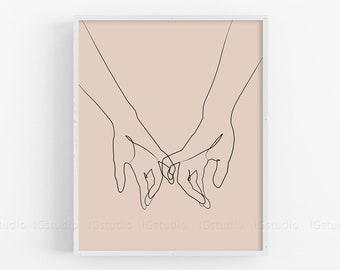 Pinky Swear Line Art Printable, One Line Drawing Print, Single Line Art Hands, Light Taupe Wall Art, Minimalist Couple Print, Love Decor