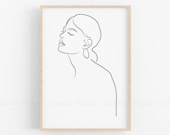 Woman in One Line, Face Drawing Sketch, Fashion Printable, Elegant Black and White Female Poster, Woman Line Drawing, Line Contour, Line Art