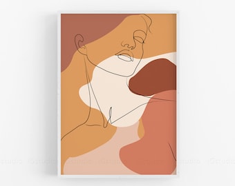 Single Line Art, Female Burnt Orange Print, One Line Drawing, Printable Boho Print, Woman Face Drawing, Minimalist Line Art, Teen Room Decor