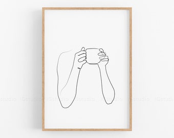 Coffee in Hands, One Line Art Print, Printable Coffee, Single Line Drawing, Wall Art, Hand poster, Coffee Lovers, Minimal Kitchen Decor