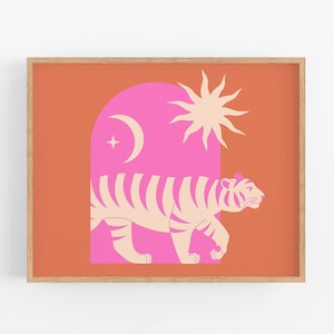 Pink Tiger Art Print, Animal Wall Art, Celestial Animal Print, Orange Wild Cat Poster, Pink Orange Eclectic Tiger Printable