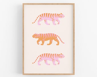 Tigers Art Print, Printable Wall Art, Animal Print, Wild Cat Poster, Pink Orange Wall Art, Tiger Printable Art, Tiger Illustration Orange