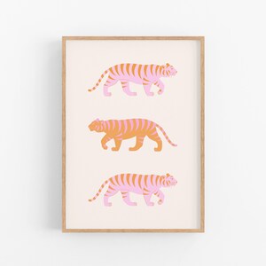 Tigers Art Print, Printable Wall Art, Animal Print, Wild Cat Poster, Pink Orange Wall Art, Tiger Printable Art, Tiger Illustration Orange