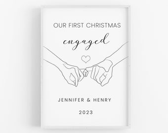 Personalized First Christmas Engaged Print,  Christmas Printable Line Art, Line Drawing, Xmas Home Decorations, Engaged Christmas Gift