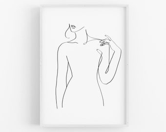 Impresión artística de línea de cuerpo femenino, dibujo de una sola línea femenina, arte de pared minimalista beige imprimible, arte de línea de mujer, decoración del hogar