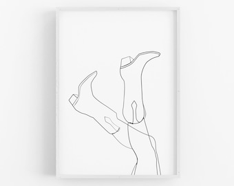 Western Cowboy Boots Line Art Print, Groovy Cowgirl Wall Art, One Line Drawing, Printable Line Art, Single Line, Minimalist Woman in Boots