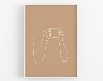 Coffee in Hands, One Line Art Print, Printable Coffee, Single Line Drawing, Wall Art, Hand poster, Coffee Lovers, Minimal Kitchen Decor