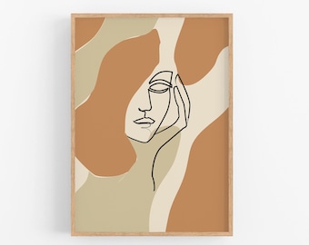 抽象的な女性の顔の線画アートプリント、印刷可能な壁アート、アースカラー、ボヘミアン風インテリア、一線画プリント、ミニマリストの線画アート、女性アート
