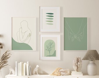 Sage green set of 4 prints, Sage Green Printable Wall Art, Gallery Wall Set, Mid Century Modern, Abstract Couple Line Art Set Couple Poster