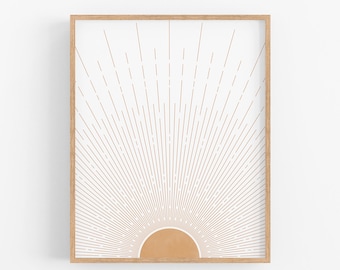 Abstract Sun Rays Art Print, Mid Century Modern Printable Art, Boho Decor, Sunburst Neutral Colors Wall Art, Horizon Sun Minimalist Poster