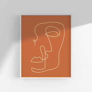 Abstract Burnt Orange One Line Drawing Face, Printable Line Art, Single line Wall art print Continuous line, Minimalist Print, Modern Poster