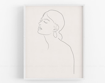 Astratto disegno di donna con linea artistica, disegno minimalista con linea, arte murale beige neutro, illustrazione femminile scaricabile, poster con disegno a una linea