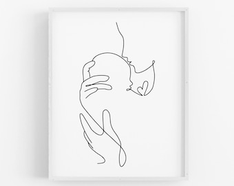 One Line Art Drawing of Family Portrait, Printable Line Art, Mother Holding a New Born Baby in Line Art, Minimalist Wall Art, Line Print