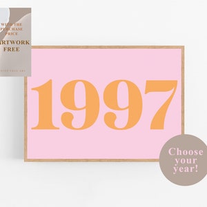 Impresión de año personalizado, descarga digital, año personalizado, cartel personalizado, decoración de la habitación de los años 70, arte de pared naranja rosa vintage Impresión retro personalizada