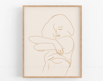 Abstract woman line art print, Female Body, Printable Wall Art Minimalist woman drawing  Neutral tones print Downloadable Prints, Boho decor