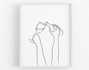 Wine Hands Line Art Print, Woman One Line Drawing, Wine Drinker Poster, Kitchen Wall Art, Single Line Minimalist Wine Lover Art, Wine Glass