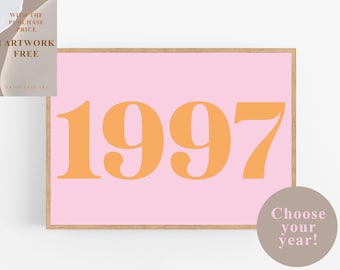 Custom Year Print, Digital Download, Personalized Year, Custom Poster, 70s room decor, Vintage Pink Orange Wall Art Custom Retro Print