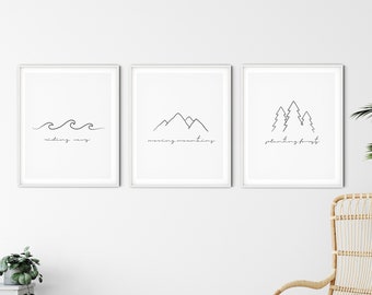 Waves Mountains and Forests Set of 3 Prints, Printable Line Art, Downloadable Prints, Minimalist Poster, Modern Wall Art Inspirational Quote
