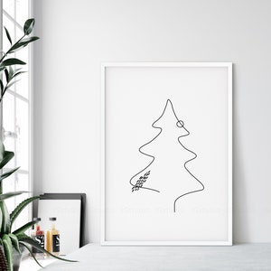 Printable Christmas Tree Decoration, Abstract Minimalist Xmas Tree Drawing, One Line Winter Art Prints, Modern Black White Holiday Poster