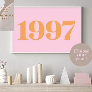 Impresión de año personalizado, descarga digital, año personalizado, cartel personalizado, decoración de la habitación de los años 70, arte de pared naranja rosa vintage Impresión retro personalizada