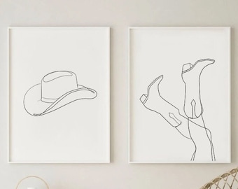 Set of 2 Cowboy Line Art Prints, Western Wall Art,  Nashville Decor, One Line Drawing, Texas Art, Cowgirl Printable Art, Boho Decor, Neutral
