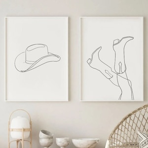 Set of 2 Cowboy Line Art Prints, Western Wall Art,  Nashville Decor, One Line Drawing, Texas Art, Cowgirl Printable Art, Boho Decor, Neutral