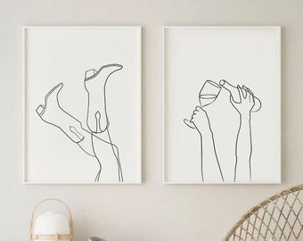 Set of 2 Cowboy Line Art Prints, Western Wall Art,  Nashville Decor, One Line Drawing, Texas Art, Cowgirl Printable Art, Boho Decor, Neutral