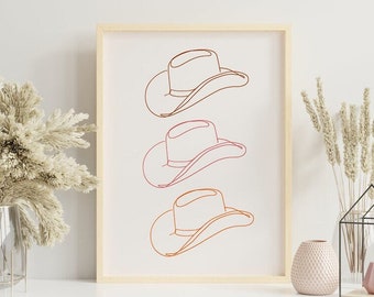 Cowboy Hat Line Art Print, Western Wall Art, Pink and Orange, Boho Decor, One Line Drawing, Texas Art, Cowgirl Printable Art, Neutral Art