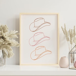 Cowboy Hat Line Art Print, Western Wall Art, Pink and Orange, Boho Decor, One Line Drawing, Texas Art, Cowgirl Printable Art, Neutral Art