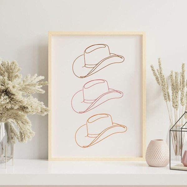 Cowboy Hat Line Art Print, Western Wall Art, Pink and Orange, Boho Decor, One Line Drawing, Texas Art, Cowgirl Printable Art, Neutral Art