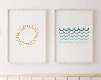 Sun and Waves Set of 2 Nursery Wall Art Prints, Kids Blue Room Decor, Printable Wall Art, Surf Decor, Nautical Minimalist Art Print, Coastal